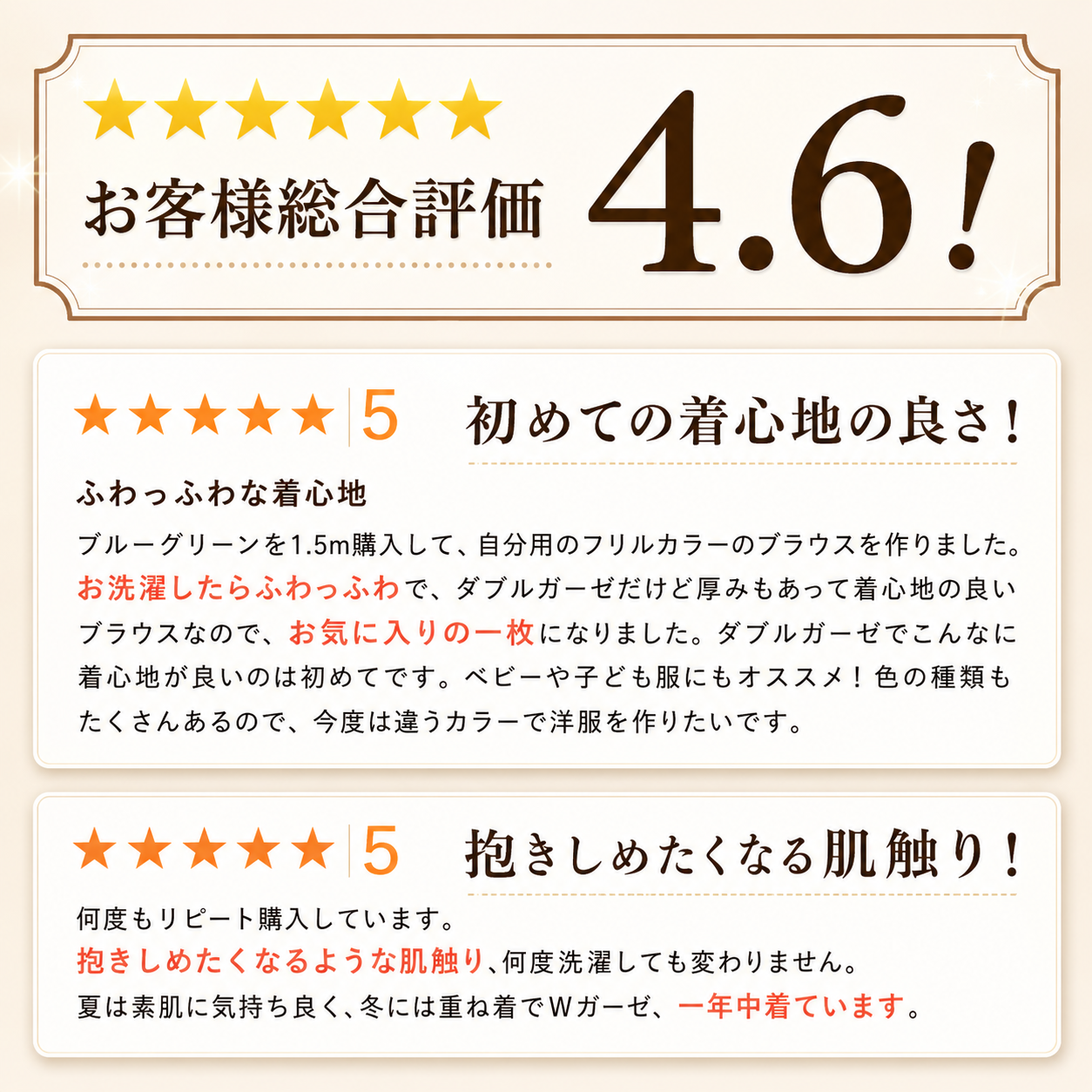 とろける国産コットンダブルガーゼ お客様レビュー総合評価4.6