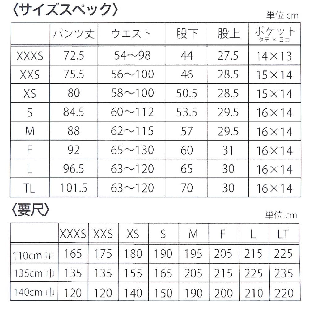 ゆるっとパンツ型紙 サイズスペックと必要用尺表