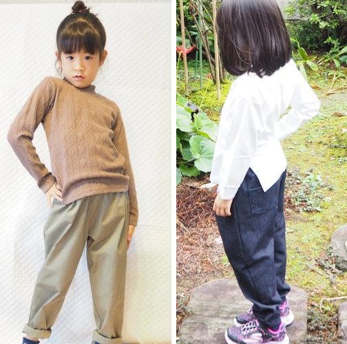 いろいろな生地やカラーで楽しめる！　テーパードパンツ(後ろポケット付き）の作り方 【90～130cm】｜着用イメージ｜ハンドメイド初心者のための洋裁メディア縫いナビ｜丸石織物