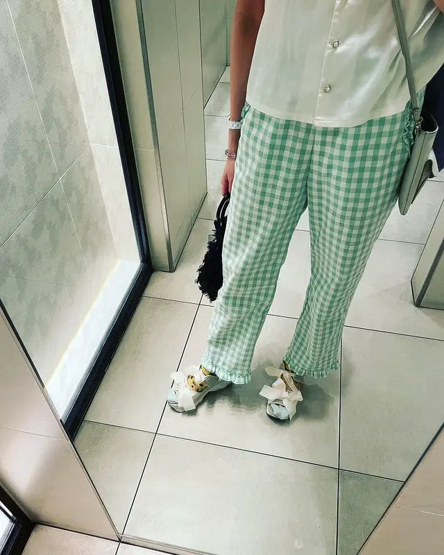綿ポリダンガリー ギンガムチェック 大人パンツ Leeep Instagram作品例 17976573901687944_himeringo.mokumoku 4520-32-105#柄の大きさ_12mm#カラー_#105 ミントグリーン