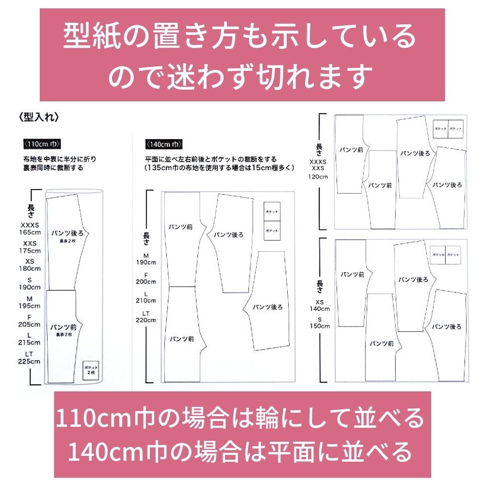 ゆるっとパンツ型紙 生地幅別の型紙配置図