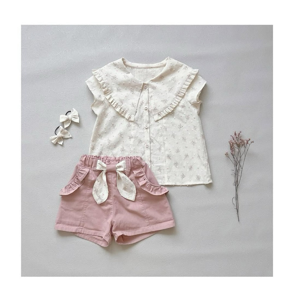 スモークピンクの綿ポリダンガリーで作った子ども服セット